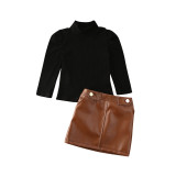 Spring and autumn children's clothes High neck Ribbed long sleeve top Brown leather skirt two-piece girls' skirt set