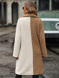 velvet fashionable autumn and winter women's coat Long sleeve color contrast style Turndown Collar bubble velvet Casual coat