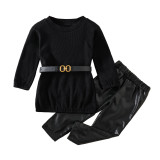 Childrenwear Girls' Autumn Knitting Ribbed Long Sleeve Slim Waist Chic Top pu Rubber Band Leather Pants With Belt