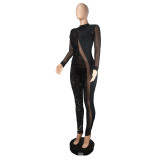 Autumn and winter beads women's long night club sequins See Through Mesh sexy Jumpsuit