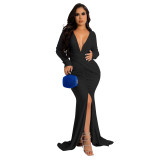 Fashion Women's Solid V-Neck Long Sleeve Pleated Dress