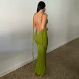 Sexy Slim Long Dress Lace up Low Back Bodycon Long Dress Women