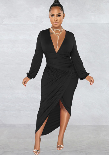ファッション女性の固体 V ネック長袖プリーツ ドレス