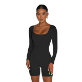 Women's Spring Ribbed Square Neck Sexy Slim Casual Cargo Rompers