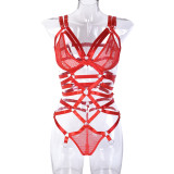Valentine's Day Red Funny Underwear Complex Lace Up See Through Mesh lace Hollow Onesie Girl