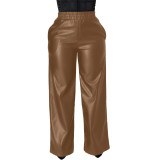 Women'S Clothes Autumn/Winter Solid Color Loose Wide Leg Pocket Pu Leather Pants