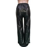 Women'S Clothes Autumn/Winter Solid Color Loose Wide Leg Pocket Pu Leather Pants