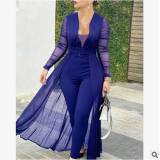 Women'S Culottes Solid Color Fashion Deep V-Neck Long-Sleeved Lace Patchwork Solid Color Slim Jumpsuit