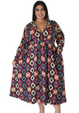 Africa Plus Size Women'S Fashion Print Sexy V-Neck Long Sleeve Slim Waist Maxi Dress