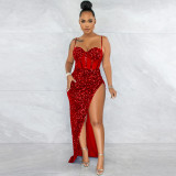 Summer Women Sexy Sequins Sheer Mesh Patch Straps Slit Cocktail Party Dress