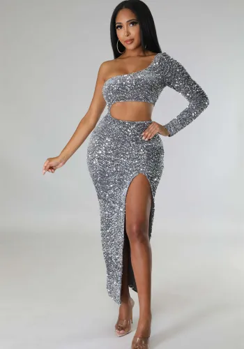 One Shoulder Trendy Sequin Sexy Crop Slit Women'S Party Dress