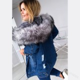 Vintage Hooded Oversized Fur Collar Denim Coat Fashion Casual Warm Maxi Ripped Distressed Trendy Coat