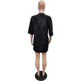 Women'S Spring Round Neck Loose Sequined Letter Casual Dress