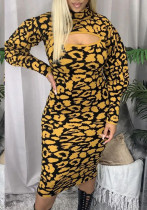 Robe mi-longue mi-longue à col montant et imprimé léopard pour femmes