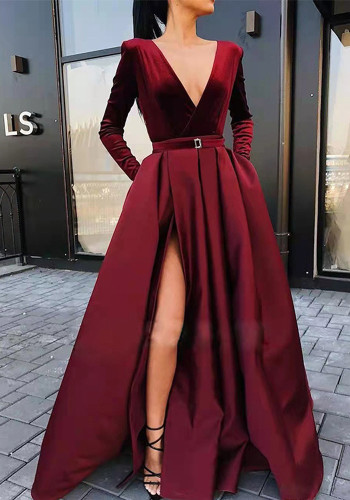 Kokteyl Elbise Kadın Sonbahar Ve Kış Modası Derin V Uzun Kollu Kadife Yarık Salıncak Elbise