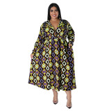 Africa Plus Size Women'S Fashion Print Sexy V-Neck Long Sleeve Slim Waist Maxi Dress
