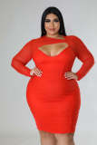 Plus Size Women Cutout Irregular Mesh Long Sleeve Bodycon Dress