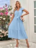 Women spring and summer solid color lace v-neck dress