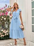 Women spring and summer solid color lace v-neck dress