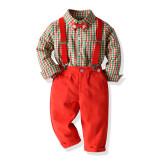 Boys plaid shirt bow tie overalls two piece set