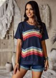 Women Round Neck Rainbow Stripe Short Sleeve T-Shirt