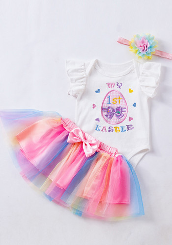Set di due pezzi del vestito arcobaleno del pagliaccetto della manica volante dell'uovo di coniglio ricamato del fumetto della neonata