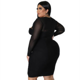 Plus Size Women Cutout Irregular Mesh Long Sleeve Bodycon Dress