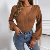 Women's V-neck Bubble Sleeve Slim Fit Chic Career Knitting Long Sleeve T-shirt Top