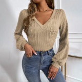 Women's V-neck Bubble Sleeve Slim Fit Chic Career Knitting Long Sleeve T-shirt Top