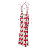 Women'S Autumn And Winter Flower Print Straps Low Back Hollow Out Sexy Party Long Dress