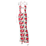Women'S Autumn And Winter Flower Print Straps Low Back Hollow Out Sexy Party Long Dress
