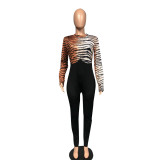 Ladies Fashion Leopard Print Long Sleeve Slim Fitted Casual Jumpsuit