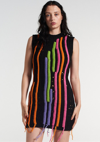 Sonbahar Kış Sokak Modası Püskül Kolsuz İnce Seksi Patchwork Örgü Elbise