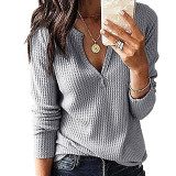 Autumn And Winter Long-Sleeved V-Neck Waffle Top Loose Casual Women'S T-Shirt