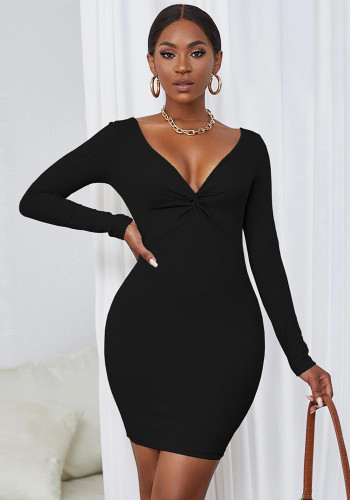 Women'S Fashion Solid Color Sexy Deep V Neck Long Sleeves Tight Fitting Bodycon Dress