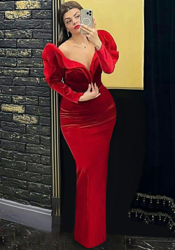 V-Neck Low Cut Sexy Dress Mesh Patchwork High Waist Slim Fit Christmas Party Dresses