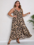 Plus Size Women'S Summer Sexy V-Neck Straps Leopard Casual Maxi Dress