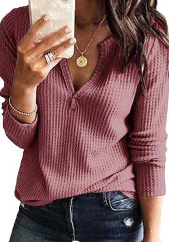 Autumn And Winter Long-Sleeved V-Neck Waffle Top Loose Casual Women'S T-Shirt