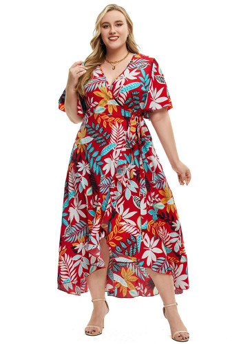 プラスのサイズの女性の夏の短い袖によって印刷される覆いの偶然のマキシの服