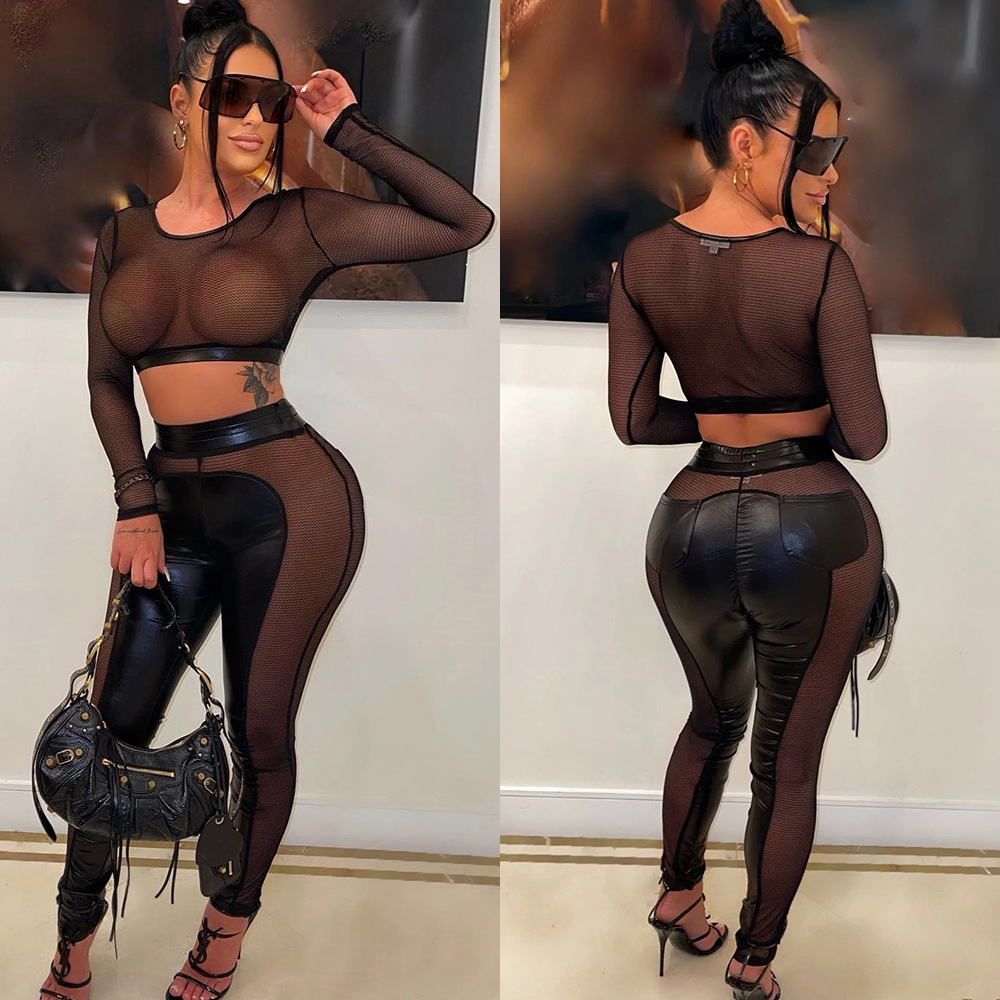 Women'S Spring Solid Color Mesh Patchwork See-Through Two Piece Pants Set -  The Little Connection