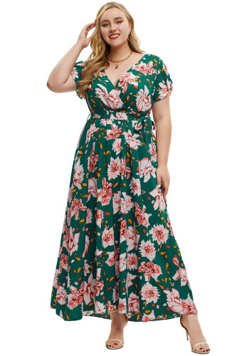 プラスのサイズの女性の夏のラップ V ネック半袖プリント スリット カジュアルなマキシ ドレス