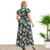 Plus Size Women'S Summer Wrap V-Neck Short Sleeve Printed Slit Casual Maxi Dress