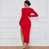 Women'S Maxi Dress Slim Tight Fitting Sexy Slit Long Sleeve Bodycon Dress