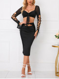 Women Sexy Mesh Patchwork Cutout Top And Bodycon Skirt Two-Piece Set