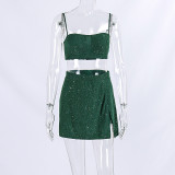 Women Sexy Sequined Camisole And Slit Bodycon Skirt Two-Piece Set