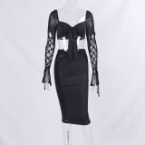 Women Sexy Mesh Patchwork Cutout Top And Bodycon Skirt Two-Piece Set
