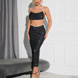 Women Sexy Sequin Halter Neck Backless Lace-Up Top And Bodycon Skirt Two-Piece Set