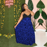 Spring Summer Women's Blue Leopard Print Patchwork Strap Maxi Dress