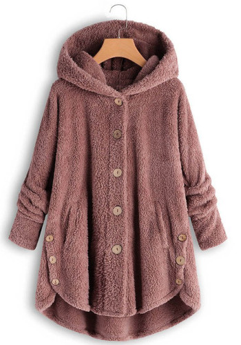 Зимнее пальто с леопардовым принтом Женское однотонное флисовое пальто на пуговицах с капюшоном