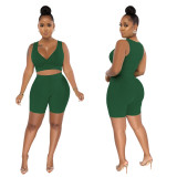 Women's solid color v-neck sleeveless sports two-piece shorts set